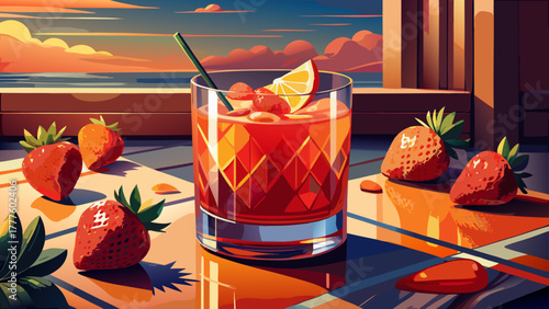 Very beautiful gin-based strawberry cocktail served in an old-fashioned glass on a rustic background, featuring vibrant red strawberries and elegant beverage styling.