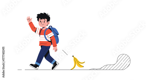 A cartoon boy with a backpack waves goodbye while walking away, unknowingly dropping a banana peel that creates a shadow of a slip.