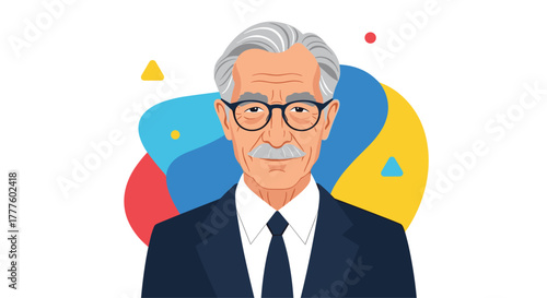 A stylized portrait illustration of a wise and distinguished elderly man with gray hair, a mustache, and glasses against an abstract background.