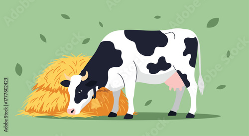A black and white dairy cow with a bell around its neck is eating from a large pile of golden hay on a green background with leaves.