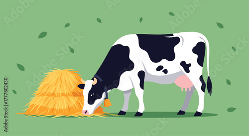 A classic black and white Holstein cow with a prominent udder and a bell on its collar eats from a haystack in a green pasture.