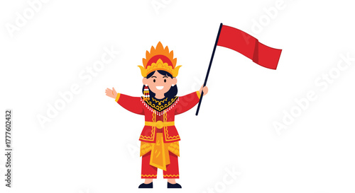 A smiling young girl in elaborate red and gold traditional Indonesian attire, possibly Balinese, waving a small red flag with joy.