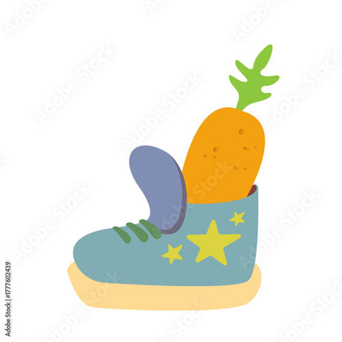 Winter blue boots with carrot inside and stars, symbol of Sinterklaas. Sinterklaas cartoon hand drawn shoes with carrot. Saint Nicholas Day Poster Vector, Dutch Celebration Card with Gift in Boot