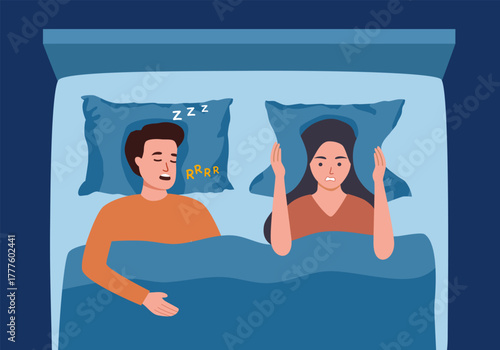Annoyed stressed young woman suffering from insomnia because of snoring man in bed and covering ears with pillow. Snoring, insomnia, bad sleep concept. Hand drawn style vector design illustrations.
