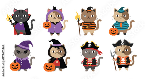 An adorable collection of cute cartoon cats dressed up in a variety of fun and spooky Halloween costumes like pirates and vampires.