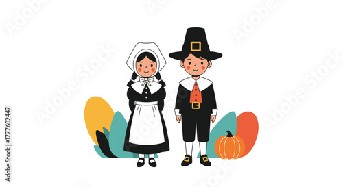 A charming illustration of a pilgrim boy and girl in traditional colonial attire standing together with a pumpkin for Thanksgiving.
