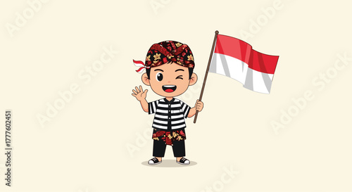 A cute cartoon boy in traditional Indonesian (Javanese) attire, including a blangkon headpiece, winks and waves while holding the Indonesian flag.