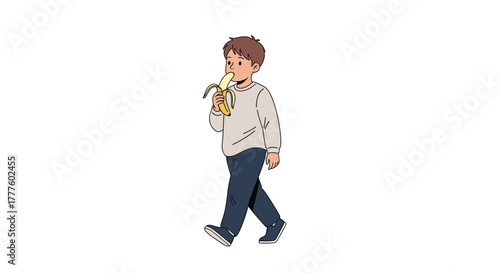 A simple line-drawn cartoon illustration of a young boy in a sweater walking casually while eating a healthy yellow banana.