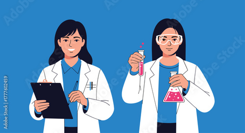 An illustration of two female scientists in lab coats, one writing on a clipboard and the other holding a test tube and flask.
