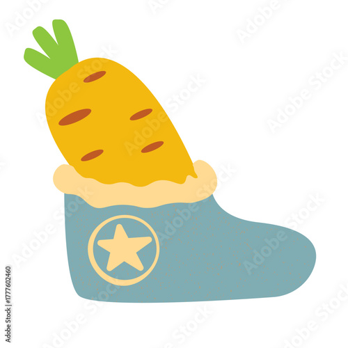 Winter blue boots with carrot inside and stars, symbol of Sinterklaas. Sinterklaas cartoon hand drawn shoes with carrot. Saint Nicholas Day Poster Vector, Dutch Celebration Card with Gift in Boot