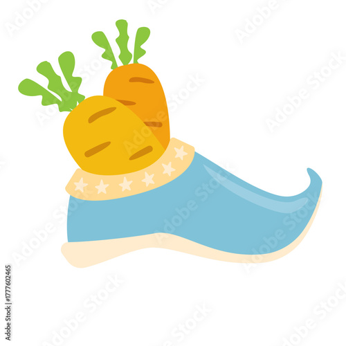 Winter blue boots with carrot inside and stars, symbol of Sinterklaas. Sinterklaas cartoon hand drawn shoes with carrot. Saint Nicholas Day Poster Vector, Dutch Celebration Card with Gift in Boot