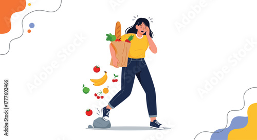 A shocked woman stumbles on a rock, dropping her grocery bag and spilling fresh fruits and vegetables all over the ground.