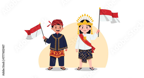 A cute cartoon depiction of an Indonesian boy and girl in traditional clothing, each proudly holding and waving the Indonesian flag.