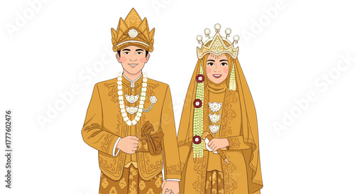 An elegant illustration of an Indonesian bride and groom in stunning golden traditional Javanese wedding attire, holding hands lovingly.