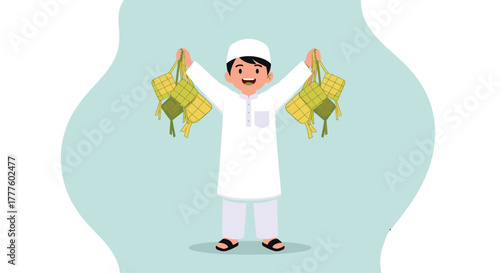 A happy Muslim boy in a white tunic and cap joyfully holds up several ketupat (rice cakes) to celebrate Eid al-Fitr.