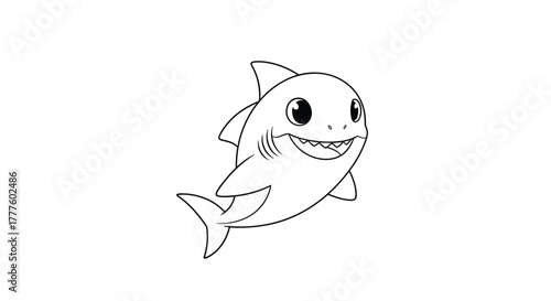 A simple black and white outline of a cute and friendly baby shark with a big toothy smile, perfect for a children's coloring page.