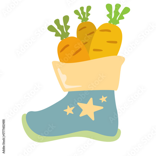 Winter blue boots with carrot inside and stars, symbol of Sinterklaas. Sinterklaas cartoon hand drawn shoes with carrot. Saint Nicholas Day Poster Vector, Dutch Celebration Card with Gift in Boot