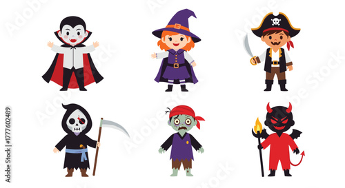 A cute collection of children dressed in various classic Halloween costumes, including a vampire, witch, pirate, zombie, and devil.