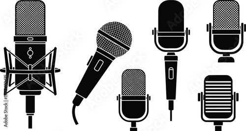 Microphone icons. Vintage retro audio recording studio and live performance equipment vector illustration silhouette icon set