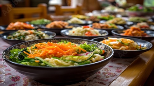 Wallpaper Mural Colorful bowls of Korean dishes are beautifully arranged on a wooden table, featuring fresh vegetables and rich flavors. The inviting environment is perfect for sharing a meal with loved ones Torontodigital.ca