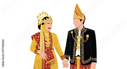 A beautiful Indonesian bride and groom from Minangkabau, West Sumatra, are shown in ornate traditional wedding attire holding hands.