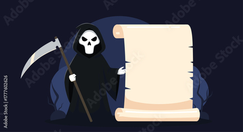 The Grim Reaper, a skeleton in a black hooded robe holding a scythe, presents a large, blank parchment scroll for your message.