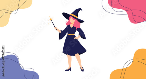 A stylish young witch with pink hair and a pointy hat stands confidently with a magic wand against a backdrop of colorful abstract shapes.