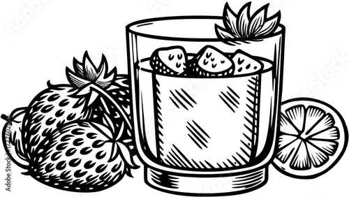 Very beautiful gin-based strawberry cocktail served in an old-fashioned glass on a rustic background, featuring vibrant red strawberries and elegant beverage styling.