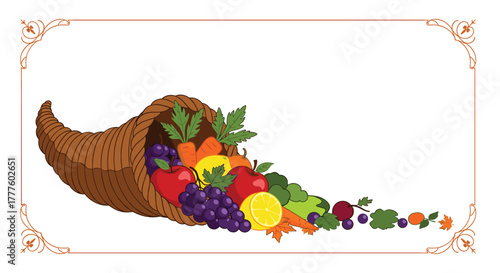 A classic Thanksgiving cornucopia, or horn of plenty, overflowing with a bountiful harvest of fresh fruits and vegetables, inside a decorative frame.