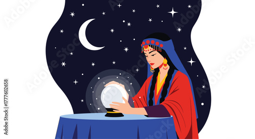 A mysterious fortune teller with ornate jewelry looks into a glowing crystal ball to predict the future under a starry night sky.