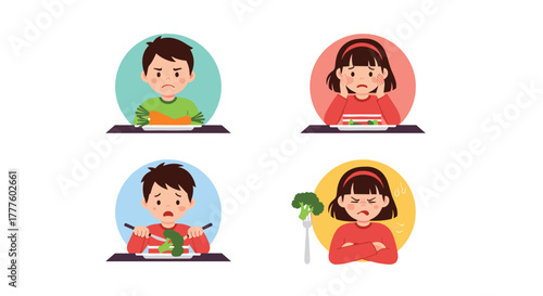 A set of four illustrations showing children with unhappy and angry expressions, refusing to eat healthy green vegetables like broccoli.
