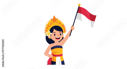 A happy Balinese girl in beautiful traditional attire with a flower in her hair, proudly smiling while holding the Indonesian flag.