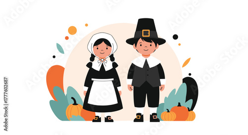 An adorable Thanksgiving illustration of a pilgrim boy and girl in historical outfits standing among autumn plants and pumpkins.