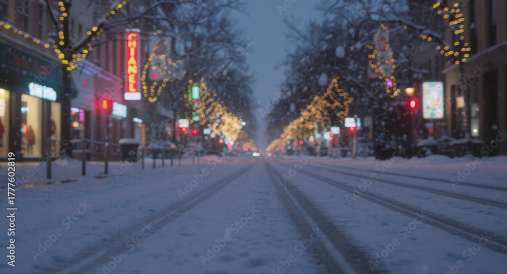 Fototapeta premium Enchanting winter wonderland scene with gentle snowfall and glowing festive lights illuminating the charming city street during the holiday season
