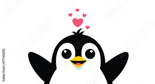 An adorable cartoon penguin peeking up with wide, loving eyes and open wings, with pink hearts floating above its head.