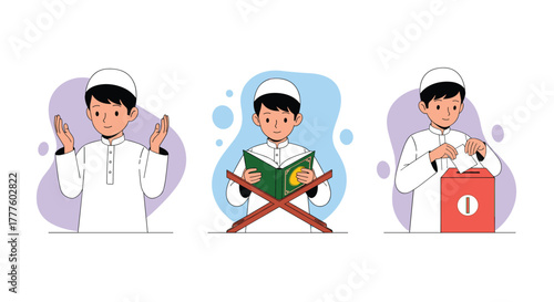 A set of three illustrations showing a Muslim boy praying, reading the Quran, and donating for zakat, depicting Islamic duties.