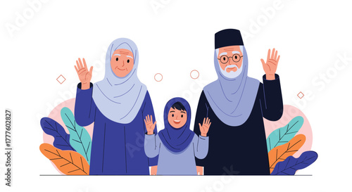A happy Muslim family with grandparents and a granddaughter, all wearing hijabs and waving cheerfully against a leafy background.