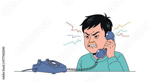 An angry man is shouting furiously into the receiver of a vintage rotary telephone, with rage lines emanating from his head.