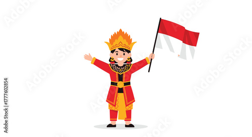 A cheerful girl in an elaborate red and gold traditional Indonesian costume and headdress is happily waving the Indonesian flag.