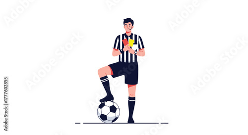 A soccer referee in a striped uniform stands with one foot on a ball, holding up both a yellow and a red card.