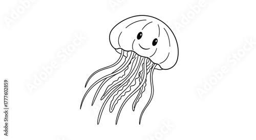 A simple black and white outline of a cute and happy jellyfish with a smiling face, ideal for a children's coloring page.