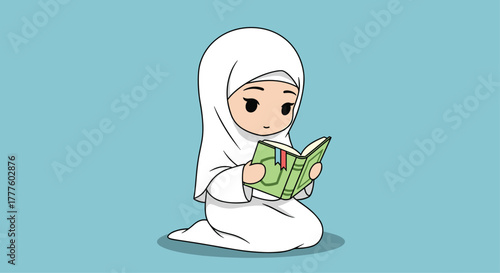 A cute cartoon Muslim girl in a white hijab is kneeling and peacefully reading a book, likely the Quran, on a blue background.