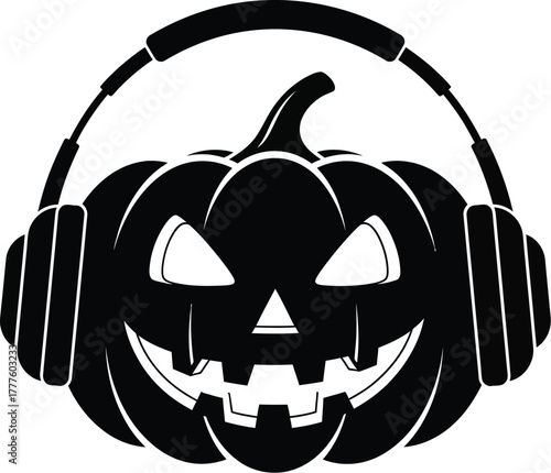 Halloween pumpkin listening to music. Jack-o’-lantern with earphones vector illustration icon