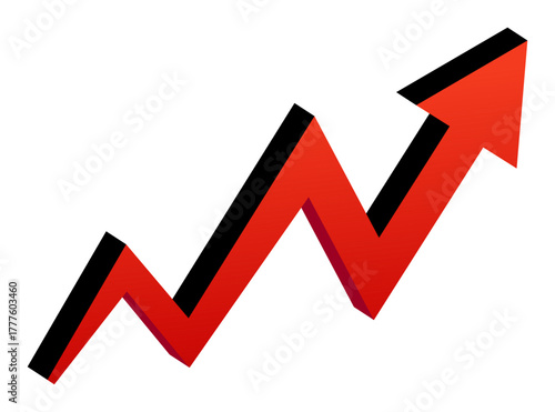 Bold red 3d arrow symbolizing upward business growth and progress on a white background.