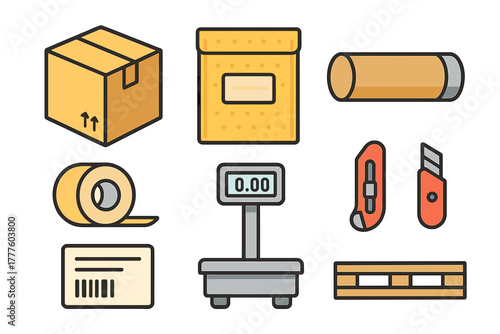 Shipping and logistics tools including box, packing tape, scale, and pallet
