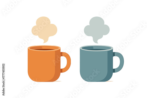 Pair of orange and teal coffee mugs with hot drinks and rising steam clouds on white background