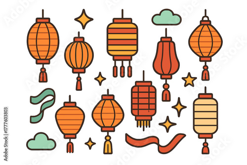 Traditional Asian paper lanterns with tassels and decorative elements for holiday celebration