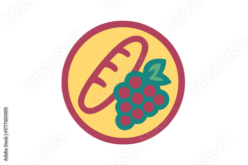 Baguette loaf and cluster of ripe grapes representing food and harvest