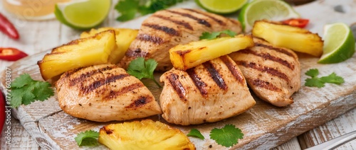Golden grilled chicken with pineapple on rustic board