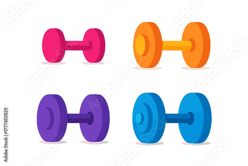 Set of four colorful dumbbells used for strength training and fitness workouts